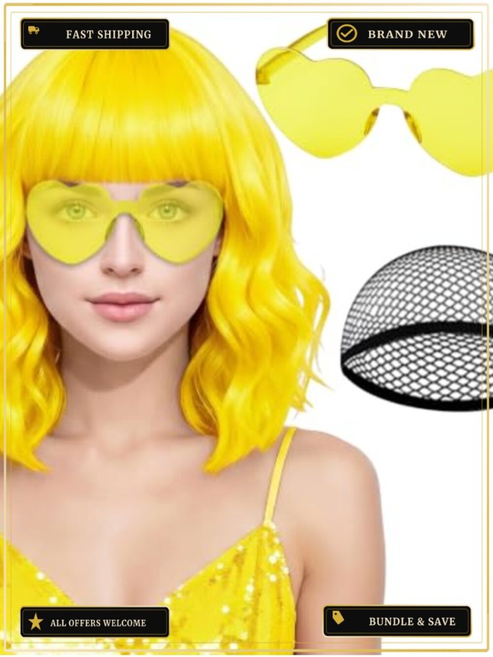 Wavy Curly Bob Wig with Bangs & Heart Sunglasses – High Temperature Fiber, Full